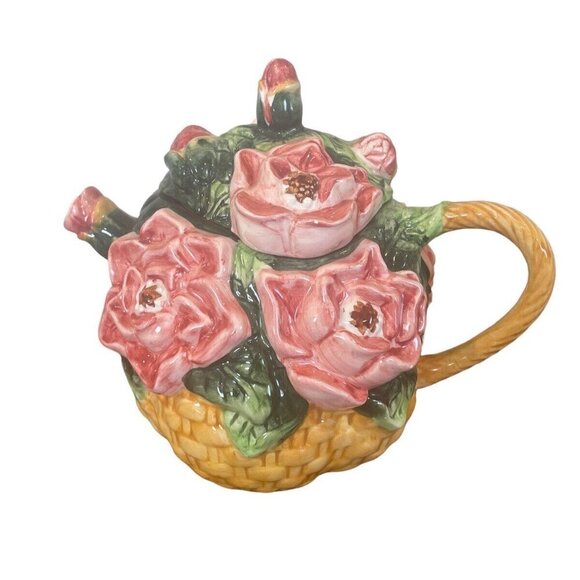 Teapot roses basket / Asia Master Group Tea Pot cottage core 3D vintage 1995 lid - Picture 1 of 10